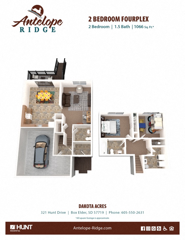 Floor plan for 2 beds, 1.5 baths, 1066 sqft